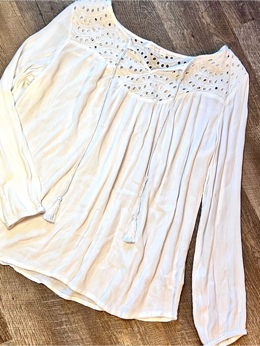 Lascana Venus White Eyelet Boho Tassel Blouse Long Sleeve Women’s L - Picture 3 of 11